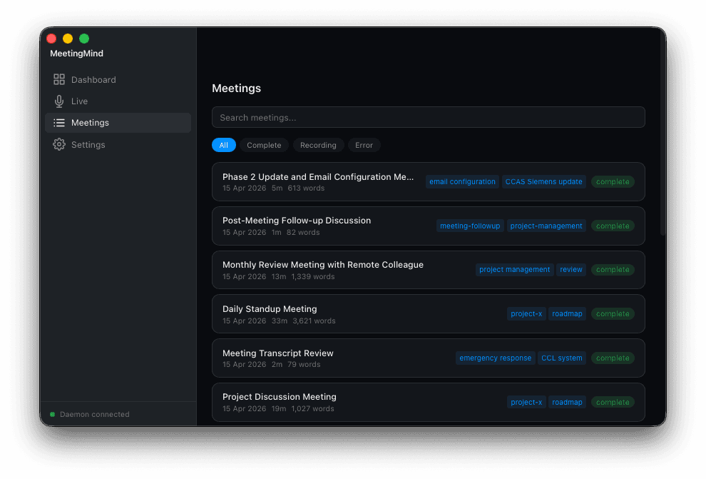 Context Recall meetings list with search and meeting history