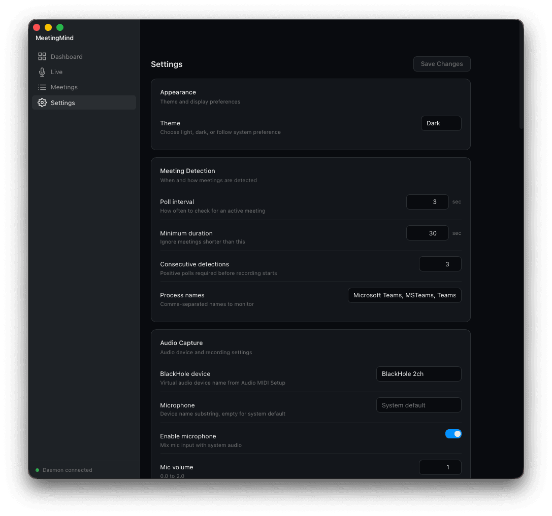 Context Recall general settings panel showing recording defaults and app preferences