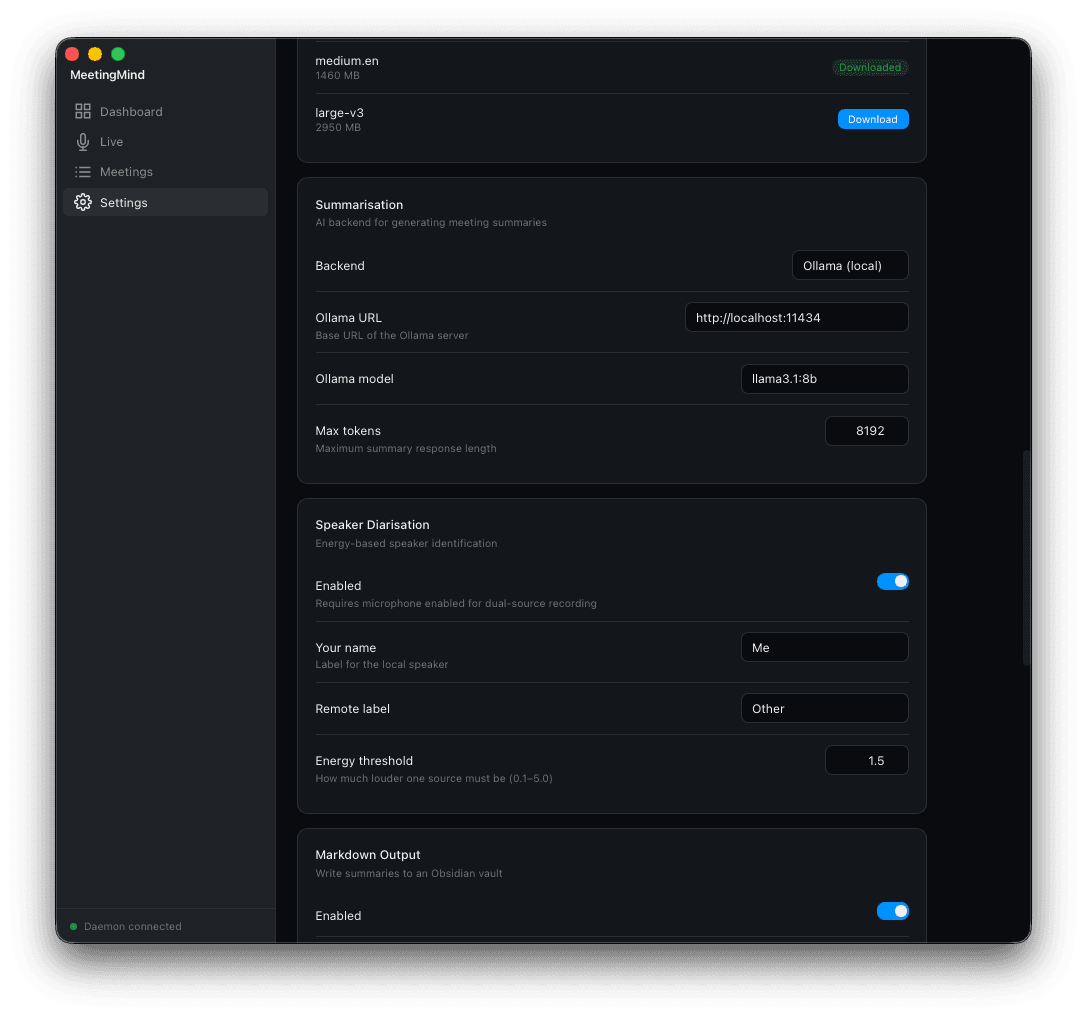 Context Recall advanced settings panel for transcription model, AI provider, and export targets