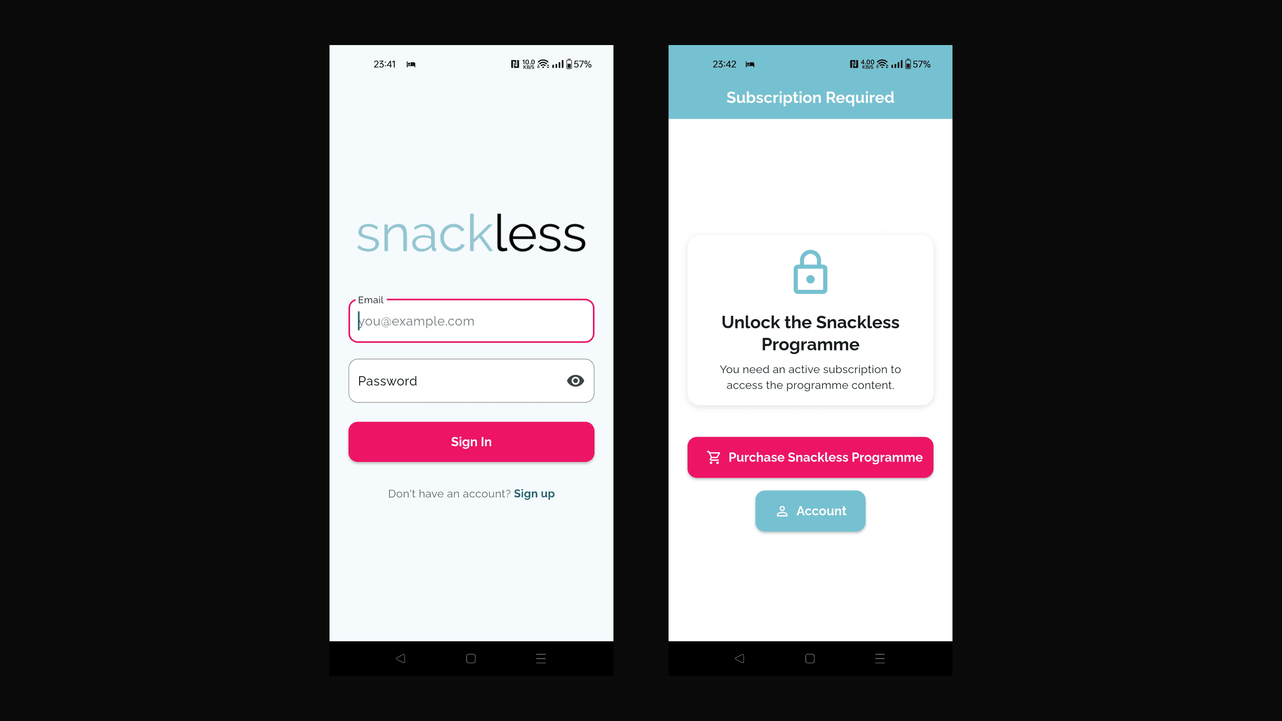 Snackless sign-in screen beside the subscription gate shown to users without an active subscription