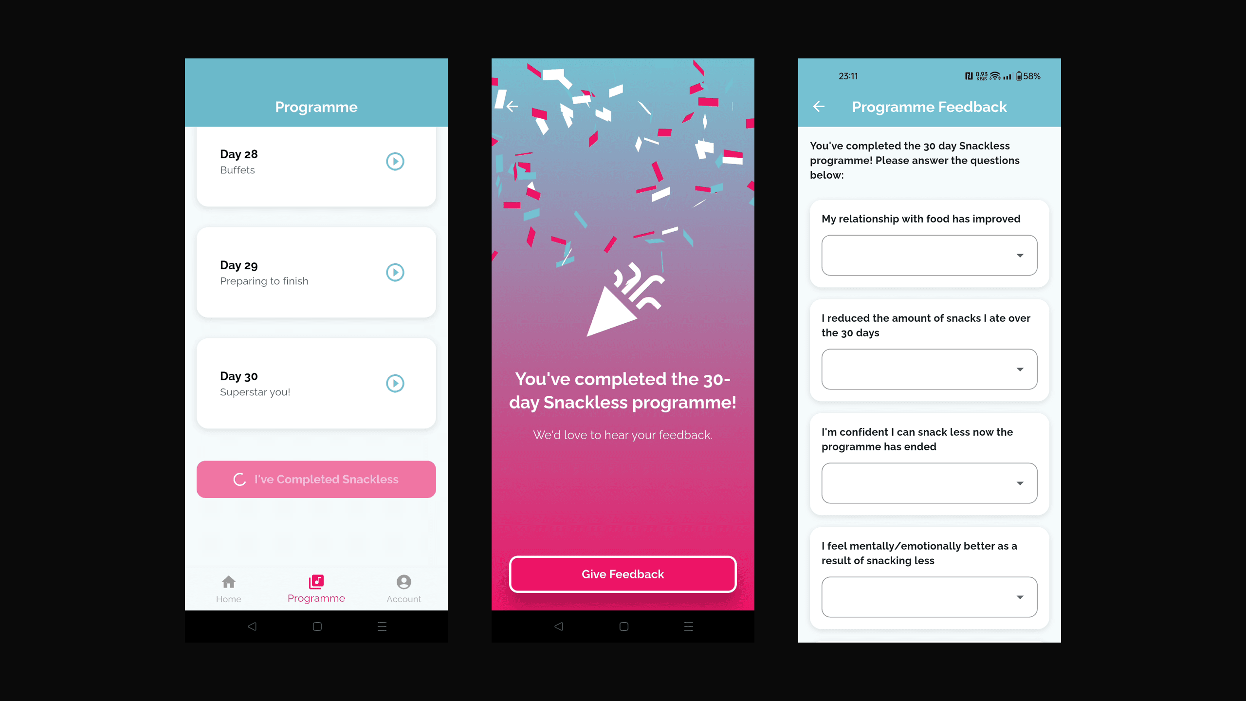 Snackless final programme days, the completion celebration screen, and the day-30 feedback form