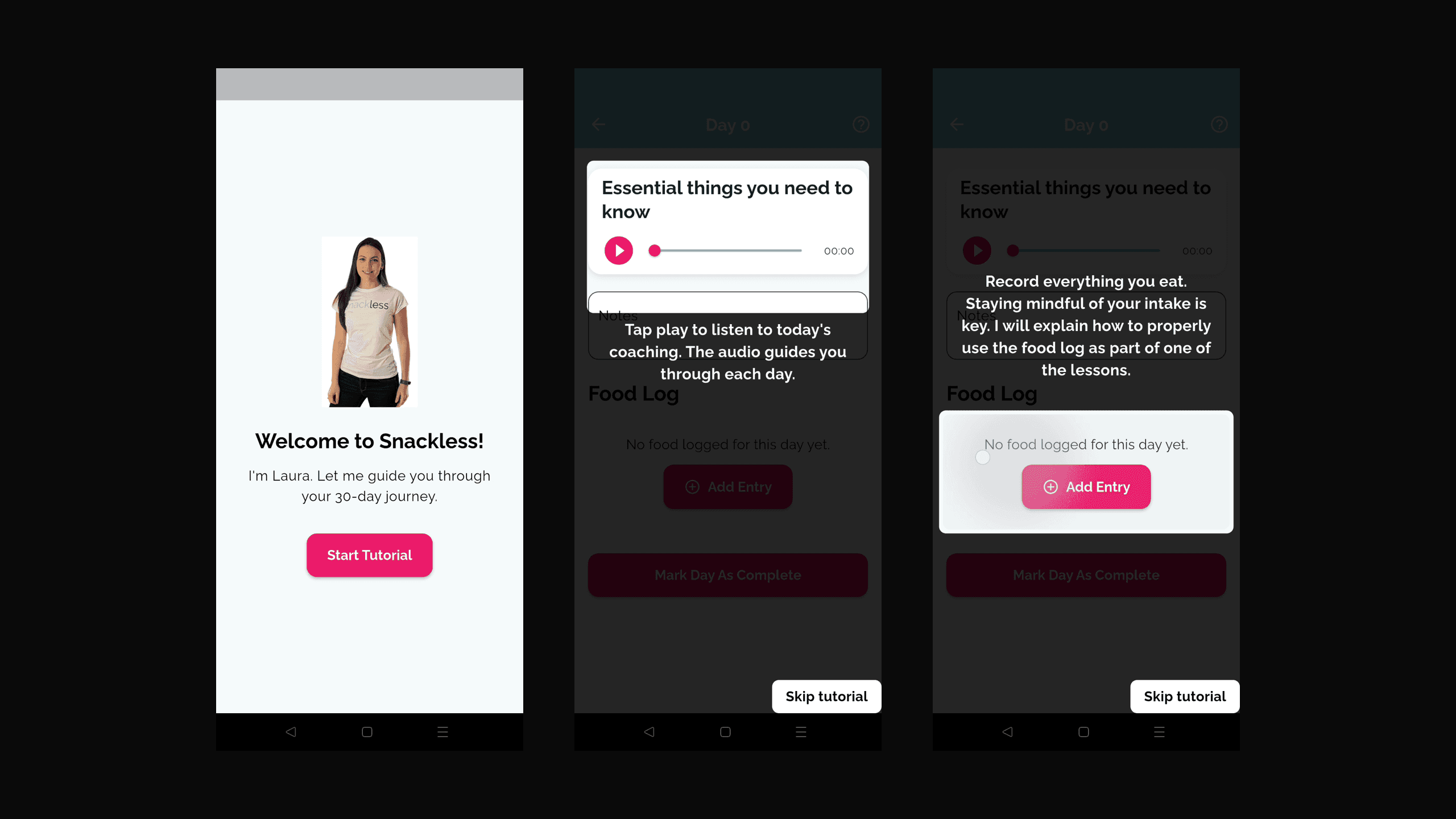 Snackless welcome screen followed by two in-app coach marks explaining audio playback and the food log