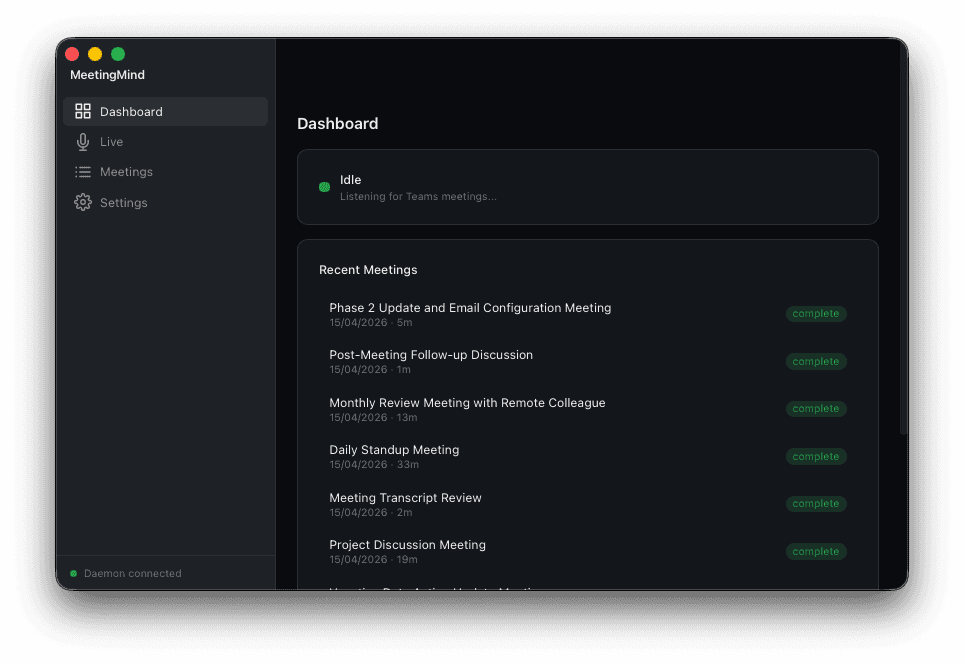 Context Recall dashboard showing live recording interface with audio meters and transcript